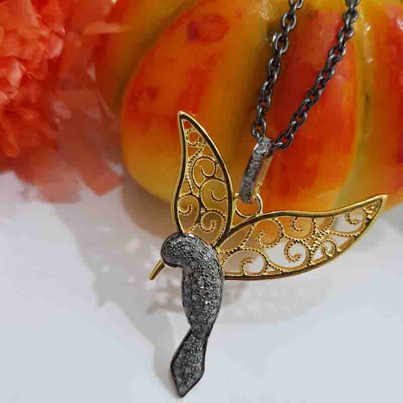 Pave Diamond Sparrow With Beautiful Golden Wings Pendent