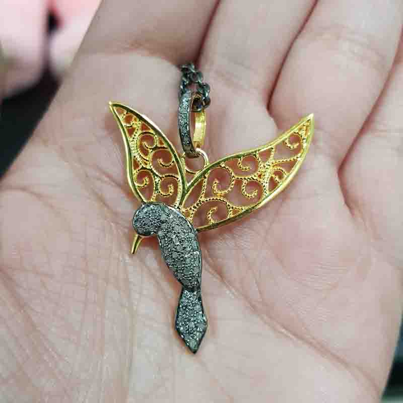 Pave Diamond Sparrow With Beautiful Golden Wings Pendent