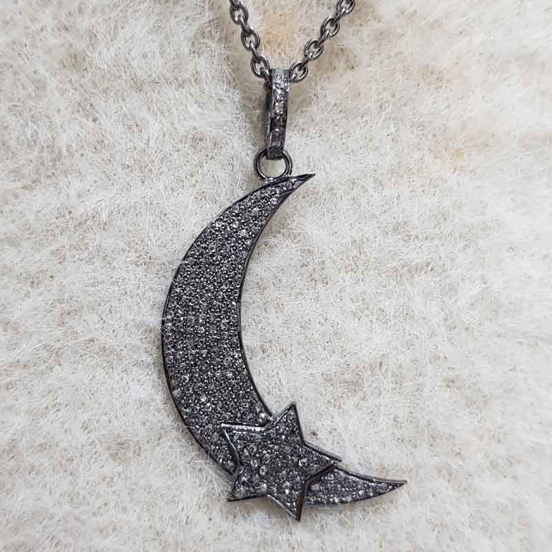 Glamorous Pave Diamond Moon With Star Pendent