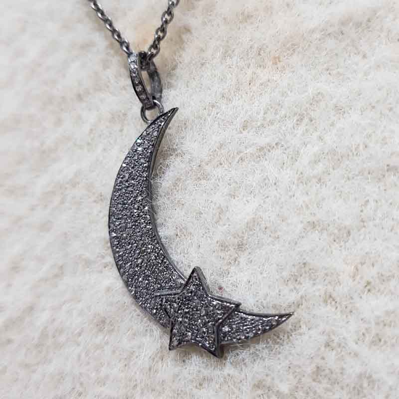 Glamorous Pave Diamond Moon With Star Pendent