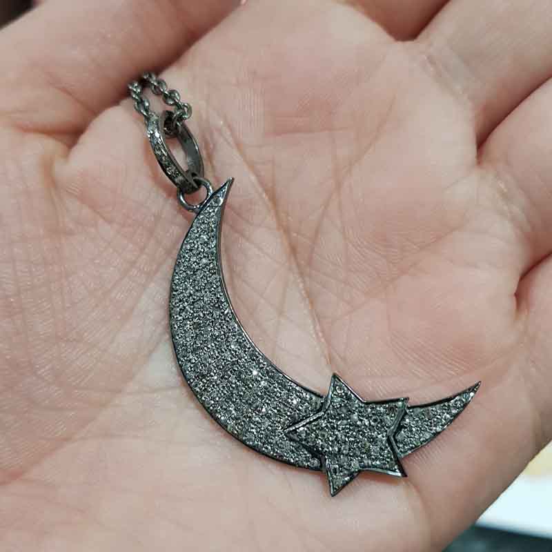 Glamorous Pave Diamond Moon With Star Pendent