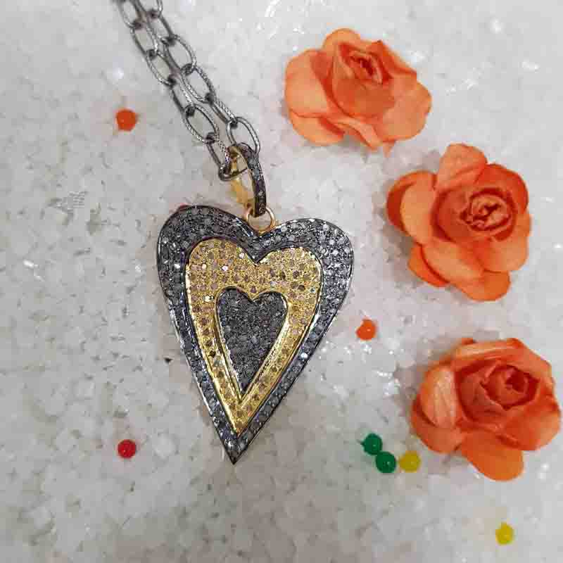 Two Tone Pave Diamond Fancy Heart Designed Pendent