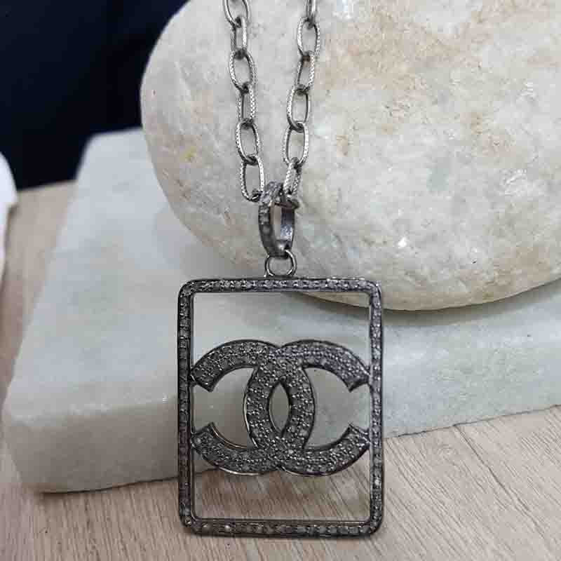 Unique Designer Pave Diamond 925 Sterling Silver CC Pendent