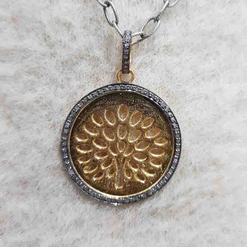 Round disk Pendent With Tree Of life And Pave Diamond