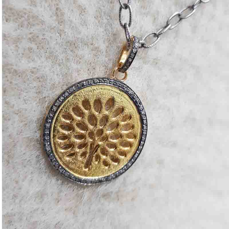 Round disk Pendent With Tree Of life And Pave Diamond