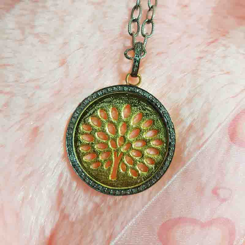 Round disk Pendent With Tree Of life And Pave Diamond