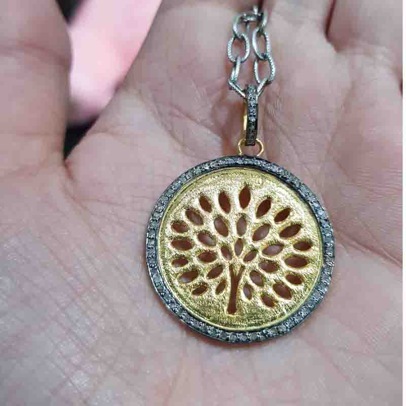 Round disk Pendent With Tree Of life And Pave Diamond