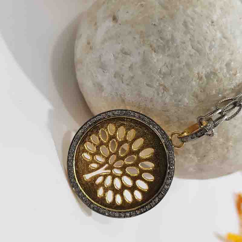 Round disk Pendent With Tree Of life And Pave Diamond