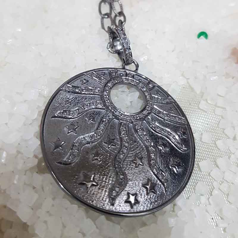 925 Solid Sterling Silver Handmade Designer Round Disk Pendent With pave Diamond Stars