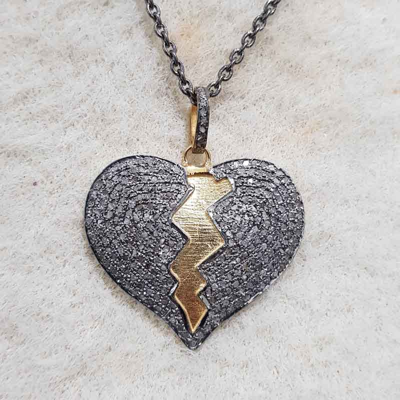 Heart Break Natural Pave Diamond Silver Pendent