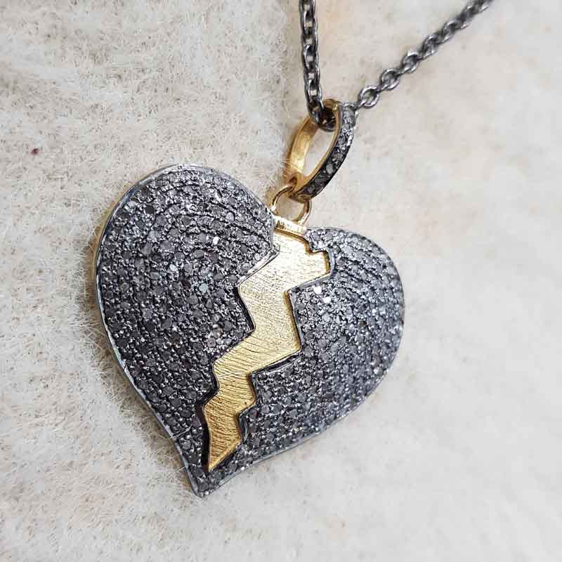 Heart Break Natural Pave Diamond Silver Pendent