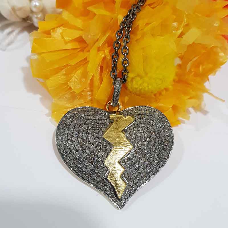 Heart Break Natural Pave Diamond Silver Pendent