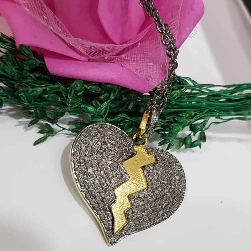 Heart Break Natural Pave Diamond Silver Pendent