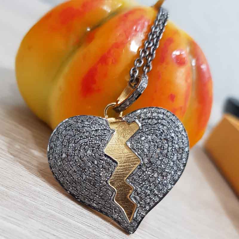 Heart Break Natural Pave Diamond Silver Pendent