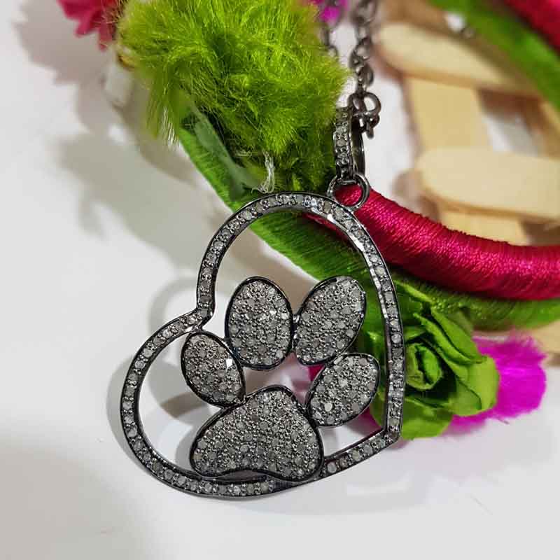 Lion Paw In Heart Pave Diamond Pendent