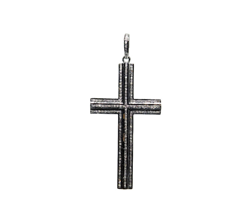 3 Layers Pave Diamond 925 Sterling Silver Handmade Cross Pendant