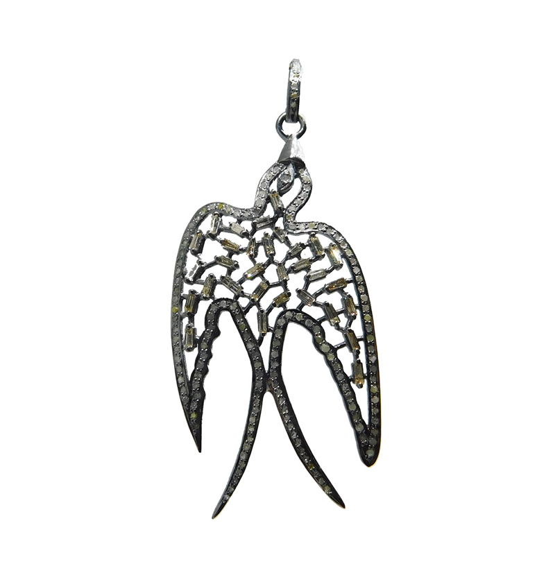 925 Sterling Silver Pave Diamond Baguette Handmade Designer Bird Pendant