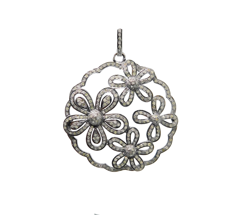 Pave Diamond Handmade Designer Flower Style Round Pendant