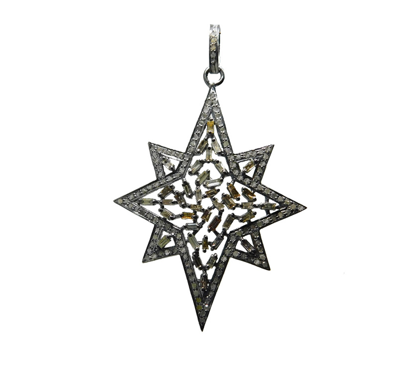 Baguette Pave Diamond 925 Sterling Silver Handmade Starburst Pendant