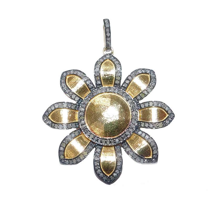 Fancy Designer Pave diamond yellow Polished Flower Style Pendant