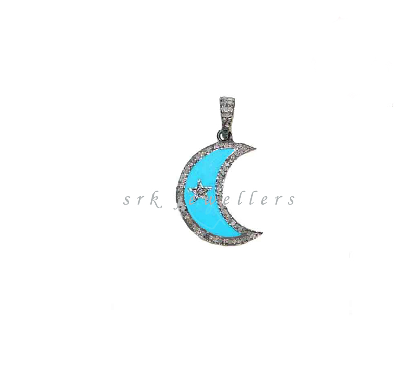 Cream & Turquoise Enamel Crescent Moon Pendent