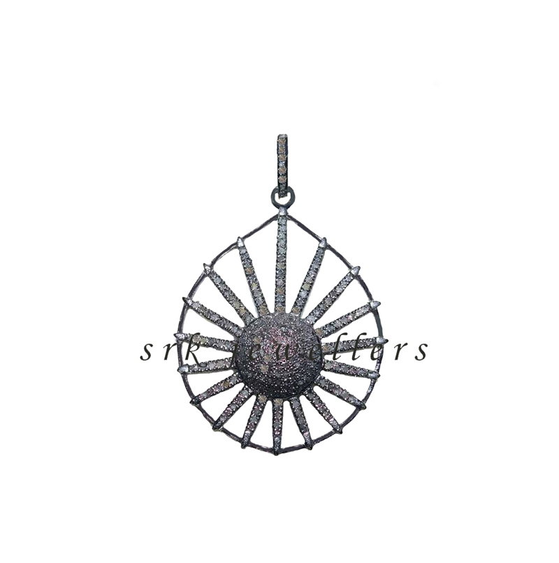 925 Sterling Silver Natural Pave Diamond Sunburst Pendent