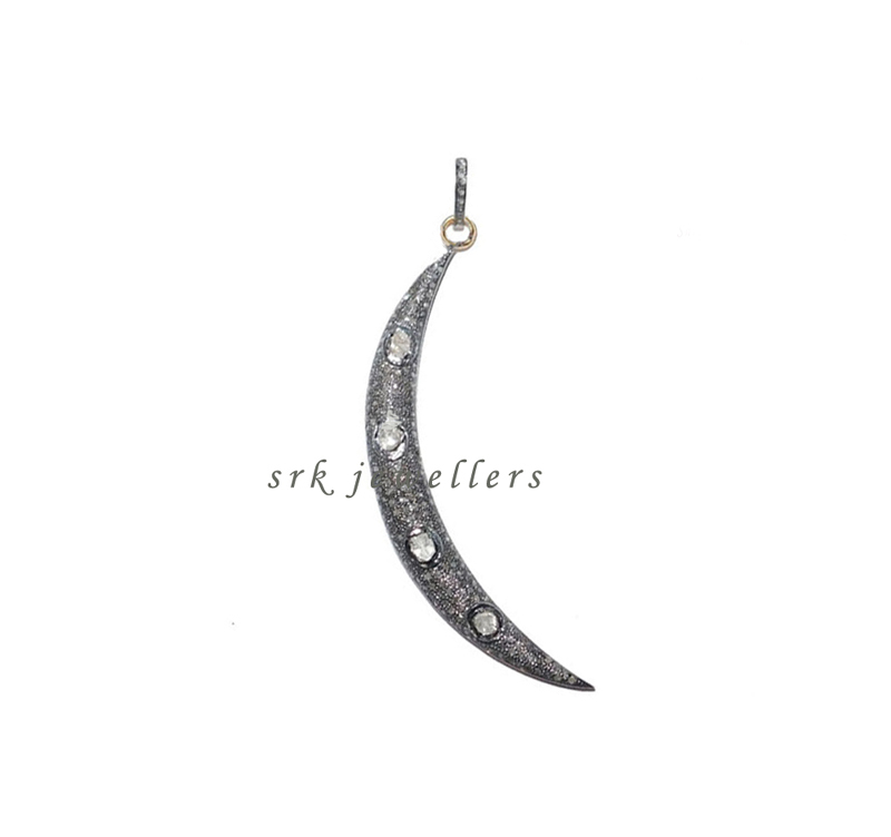 925 Sterling Silver Pave Diamond Designer Crescent Moon Pendent