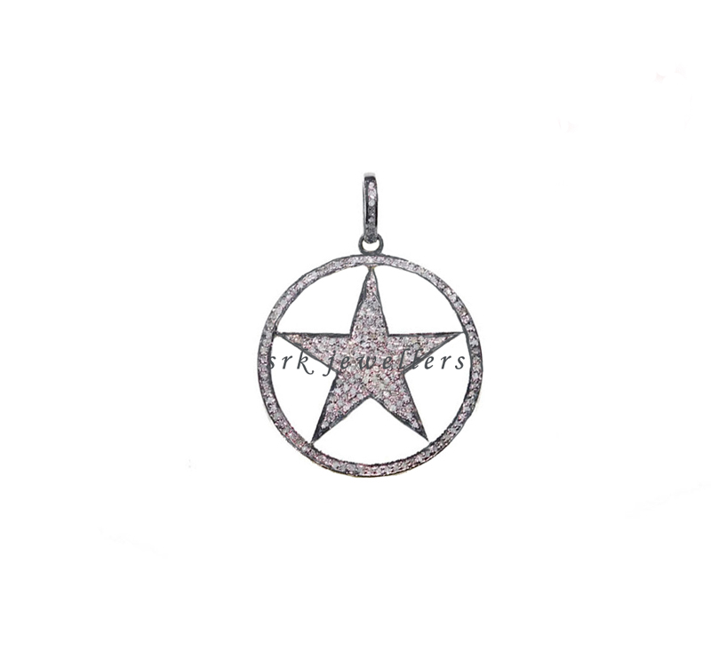 Handmade Designer Pave Diamond 925 Sterling Silver Round Star Pendent