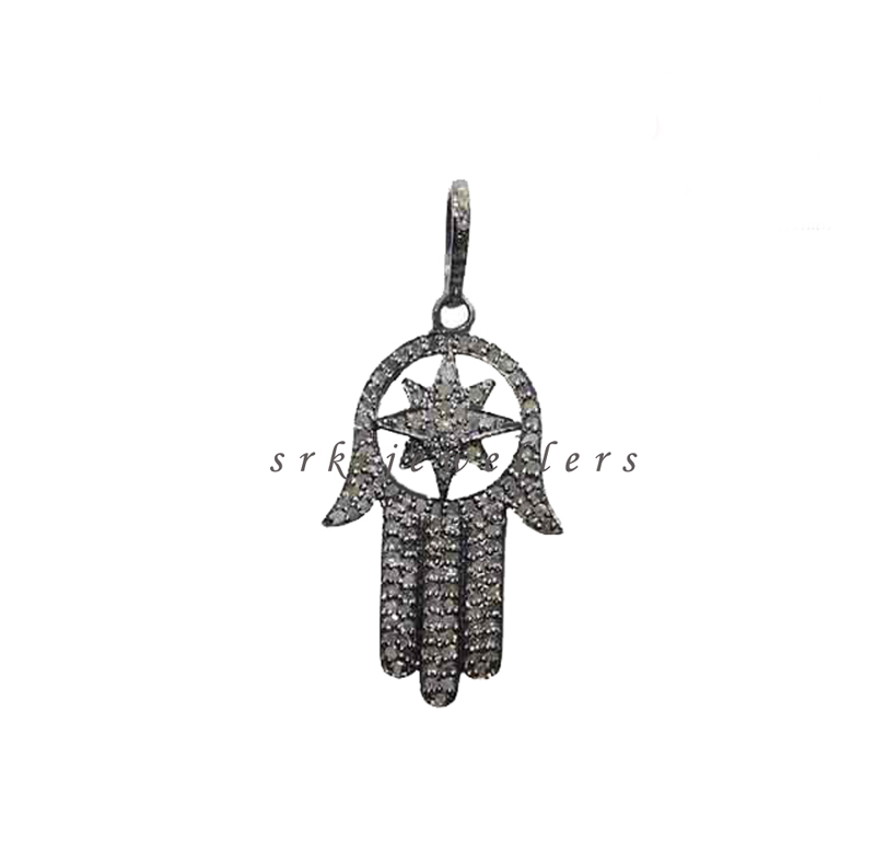 Pave Diamond Hamsa Hand & Starburst Pendent