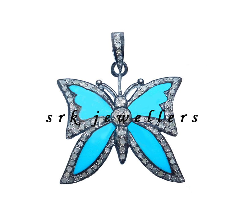 Turquoise enamel 925 Sterling Silver Handmade Butterfly Pendant