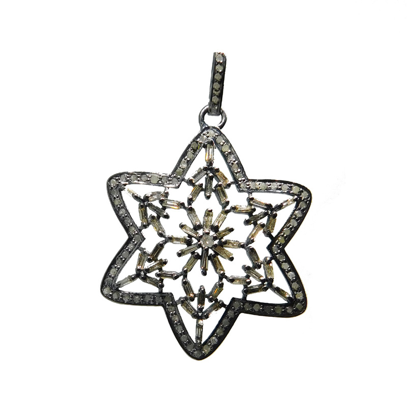 Pave Diamond Baguette 925 Sterling Silver Star Pendant