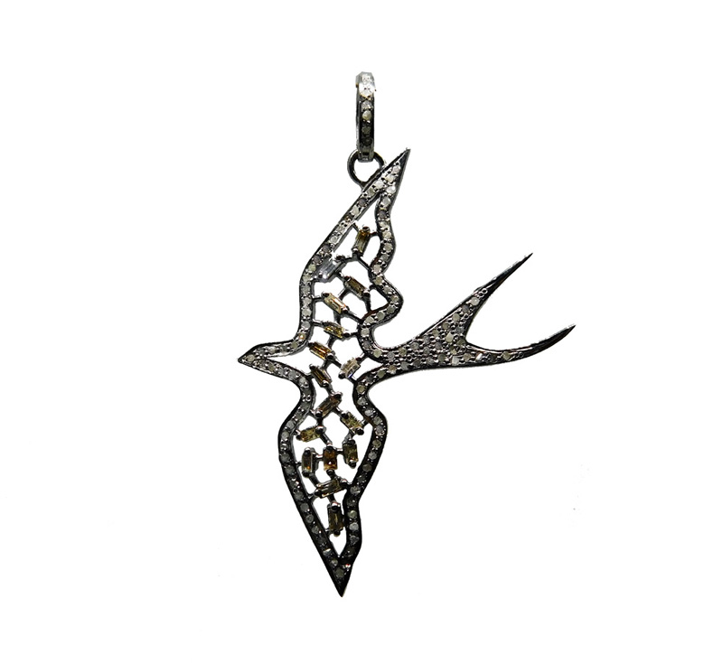 Designer Handmade Baguette Pave Diamond Bird Pendant