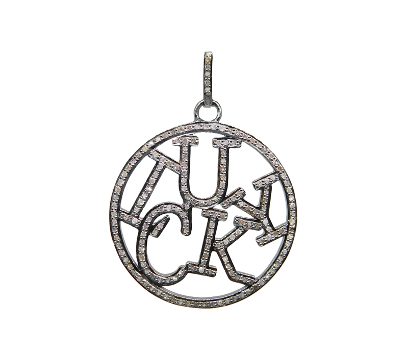 Designer Handmade Pave Diamond Lucky Word Round Pendant