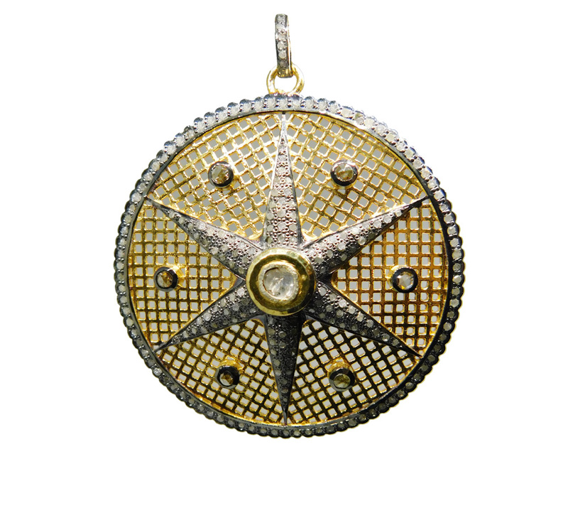 Handmade Pave Diamond Yellow Round Star Pendant