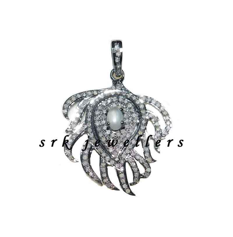 925 Silver Natural Pave Diamond Handmade Fancy Feather Design Pendent