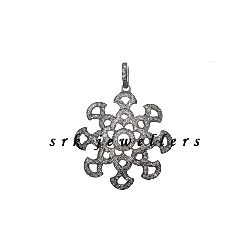 Fancy Pave Diamond 925 Sterling Silver Designer Handmade Flower pendant