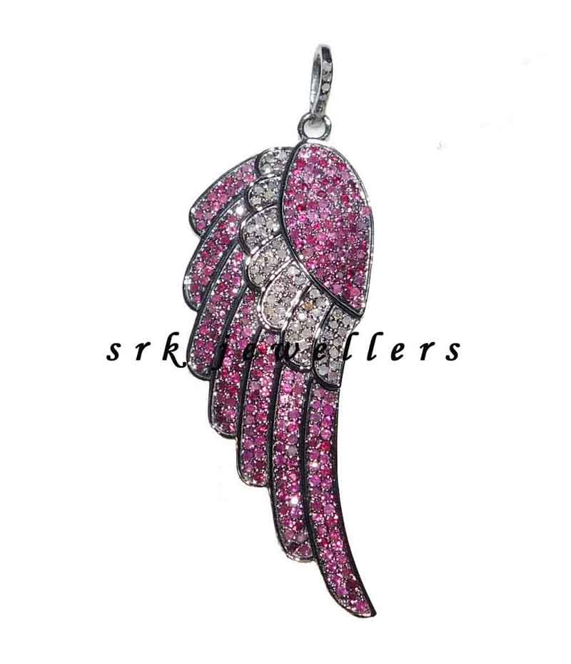 Handmade Designer 925 Silver Pave Diamond And Ruby Stone Feather Pendant