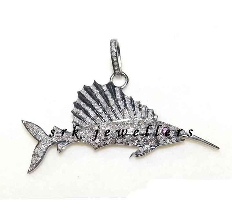 925 Silver Handmade Pave Diamond Dolphin Design Pendent