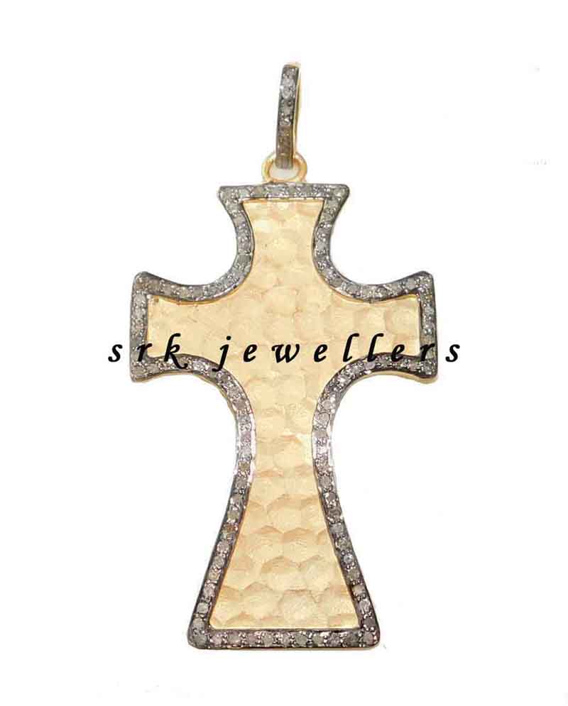 Yellow Matte Finish Natural Pave Diamond Cross Pendent