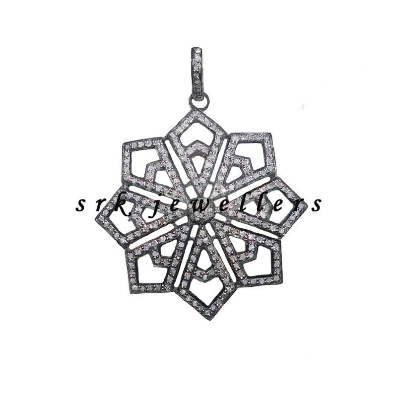 925 Sterling Silver Natural Pave Diamond Designer Flower Pendant