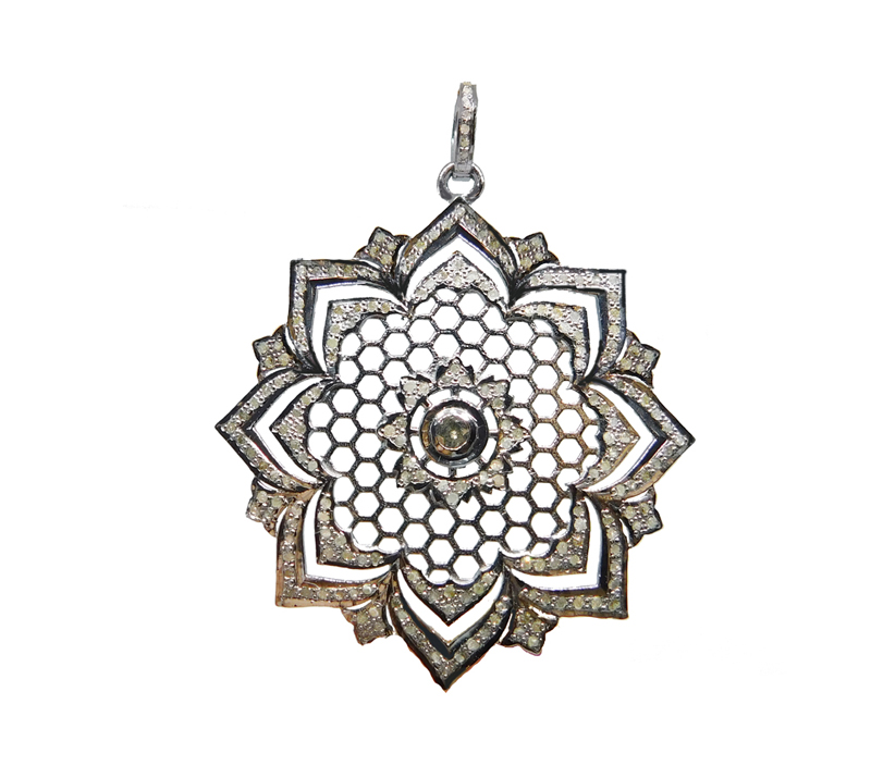 Natural Pave Diamond Handmade 925 Sterling Silver Flower style Pendant