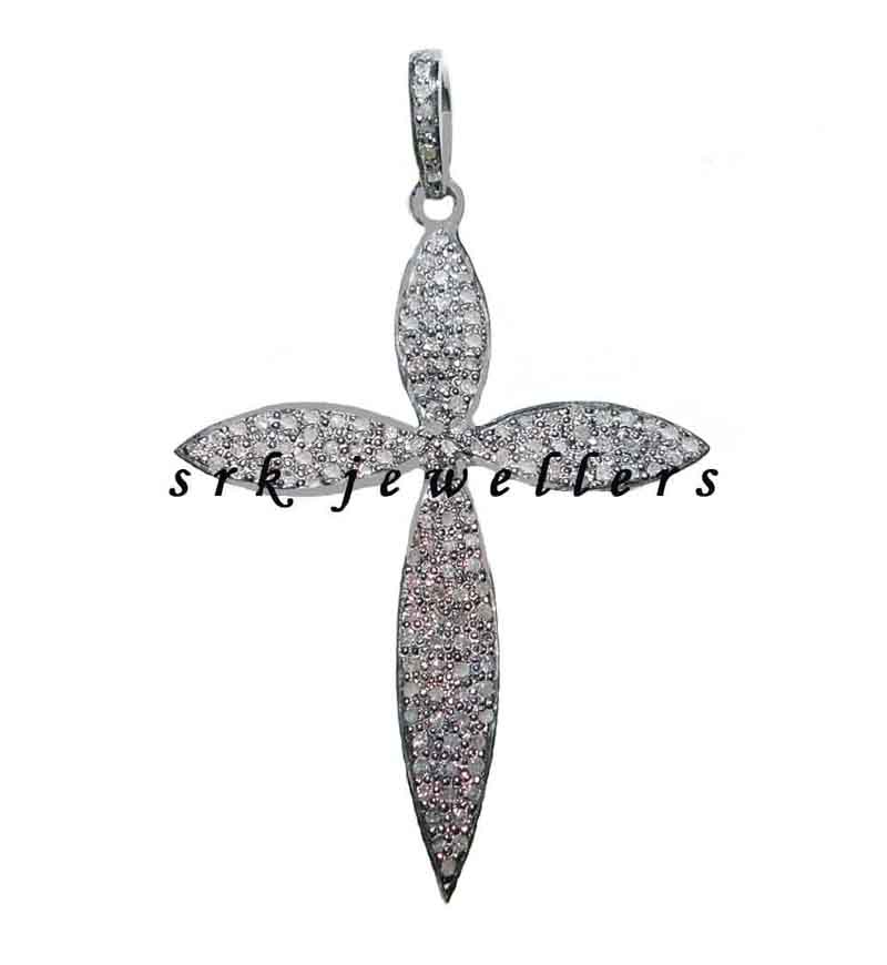 Stylish 925 Silver Pave Diamond Handmade Leaf Cross Design Fancy Pendant