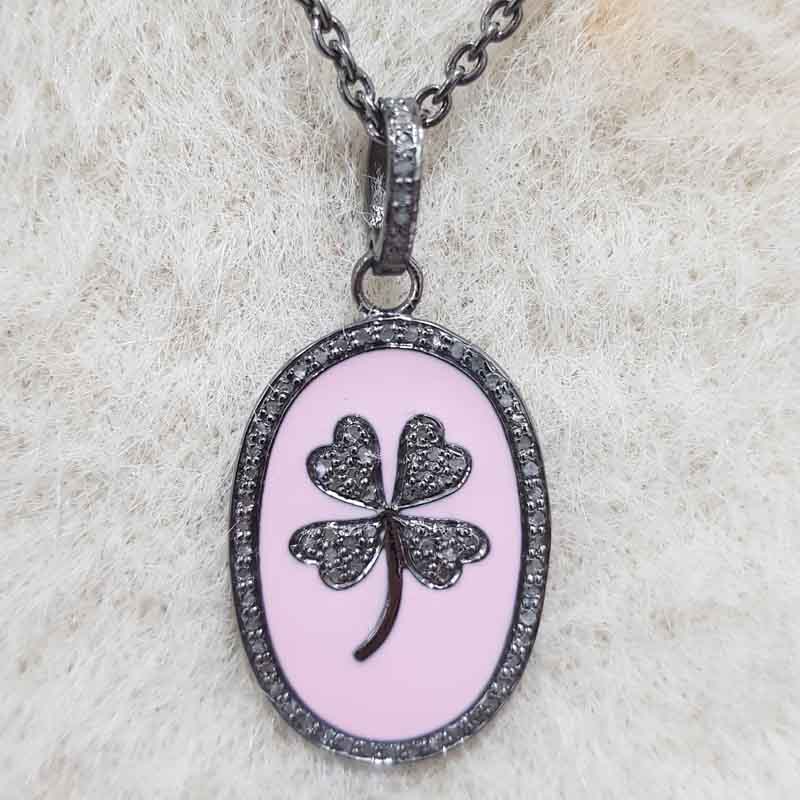 Oval Shaped Pink Enamel With Pave Diamond Flower Pendent