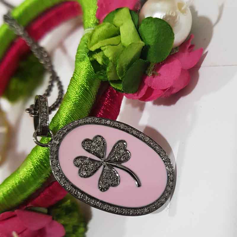 Oval Shaped Pink Enamel With Pave Diamond Flower Pendent