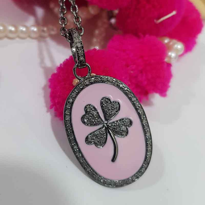 Oval Shaped Pink Enamel With Pave Diamond Flower Pendent