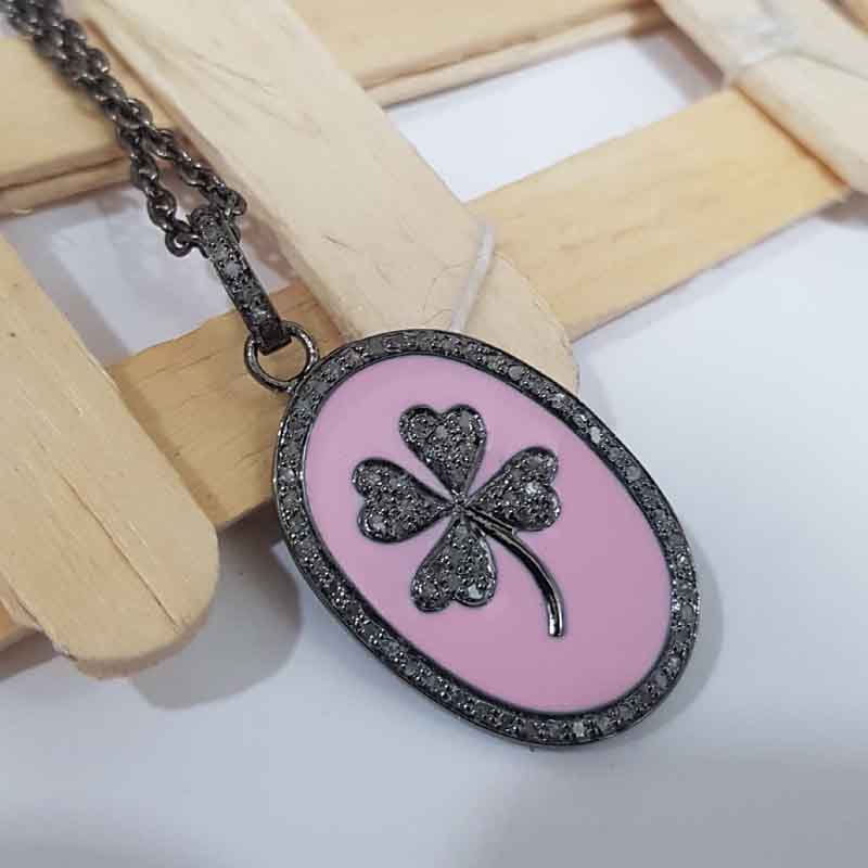 Oval Shaped Pink Enamel With Pave Diamond Flower Pendent