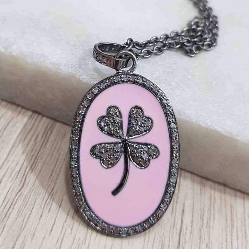 Oval Shaped Pink Enamel With Pave Diamond Flower Pendent