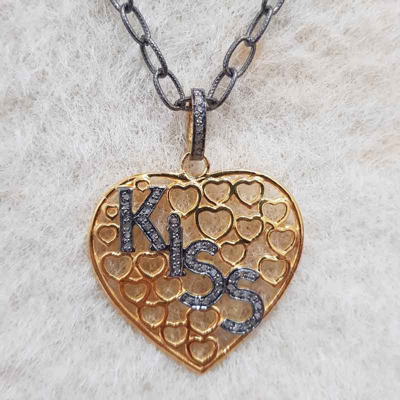 Fancy Designer Heart Pendent With Pave Diamond Kiss Letters