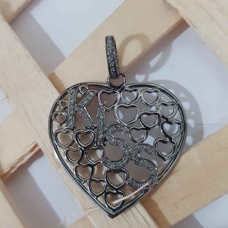 Fancy Designer Heart Pendent With Pave Diamond Kiss Letters