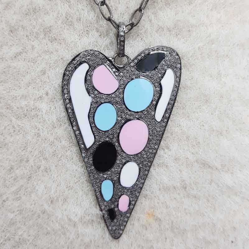 Beautifully Designed Pave Diamond Heart Pendent With Multi Color Enamel